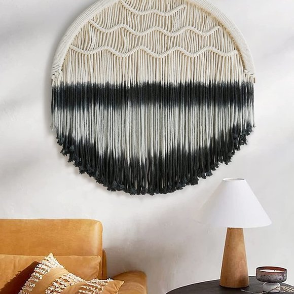 Boho Black Ombré Cream Macrame Circle Hippie Indie Tie-Dye Dipped Home Decor - Picture 3 of 10